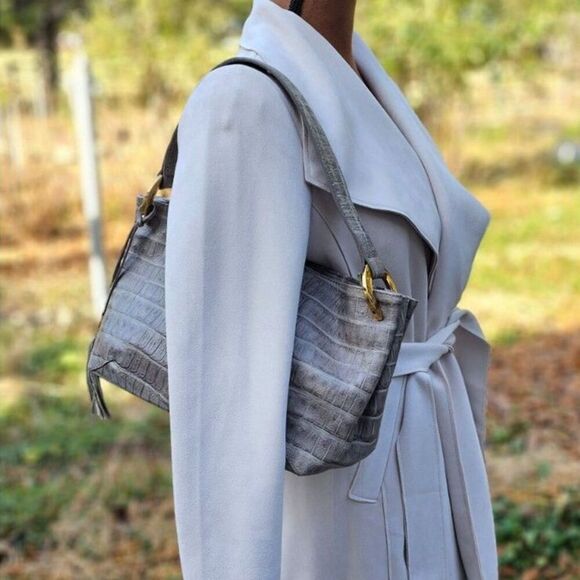 FURLA Croc Embossed Grey Genuine Leather Handbag Shoulderbag, Pre-owned - Picture 3 of 12